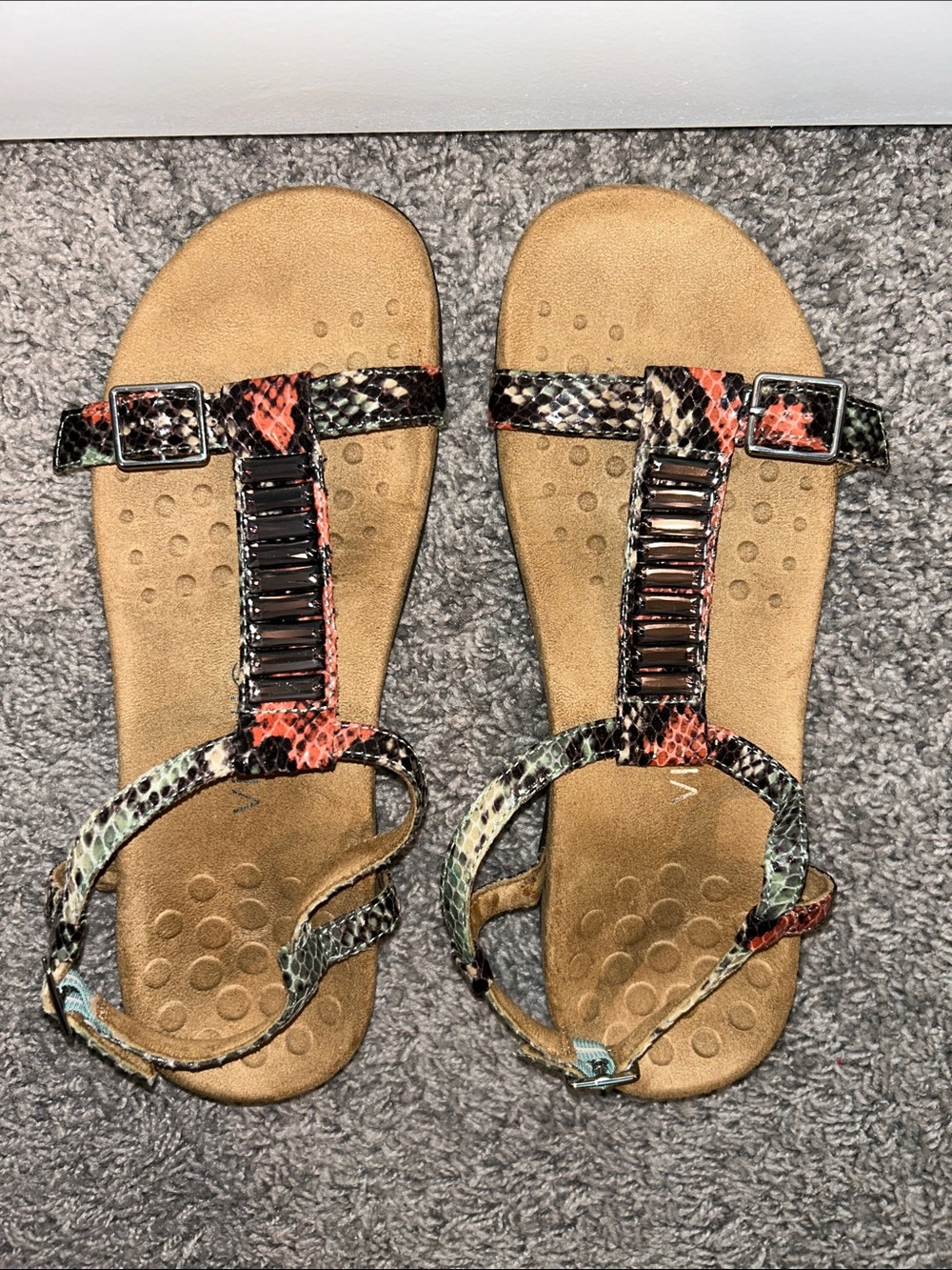 Vionic Multicolor Snake-Print T-Strap Sandals with Coral and Teal Accents